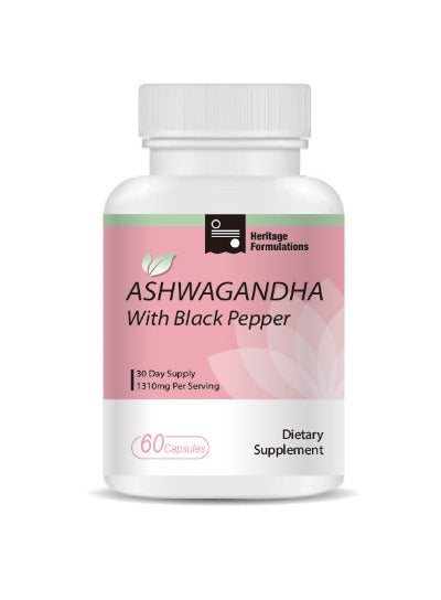Ashwagandha 膠囊瓶裝正面，展示產品名稱及相關圖案，舒緩睡眠，緩解焦慮，60粒裝