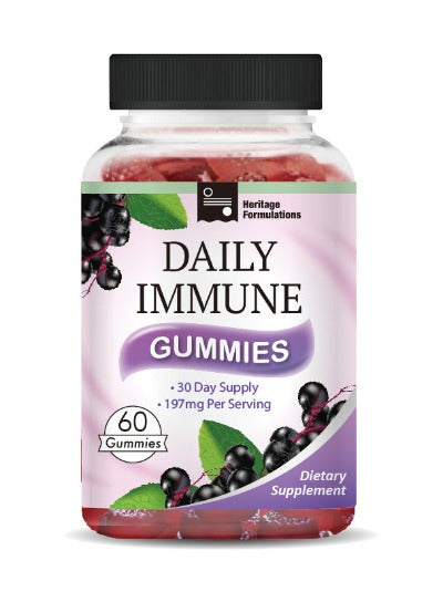 每日免疫軟糖瓶裝正面，展示產品名稱及相關圖案，增強免疫力。